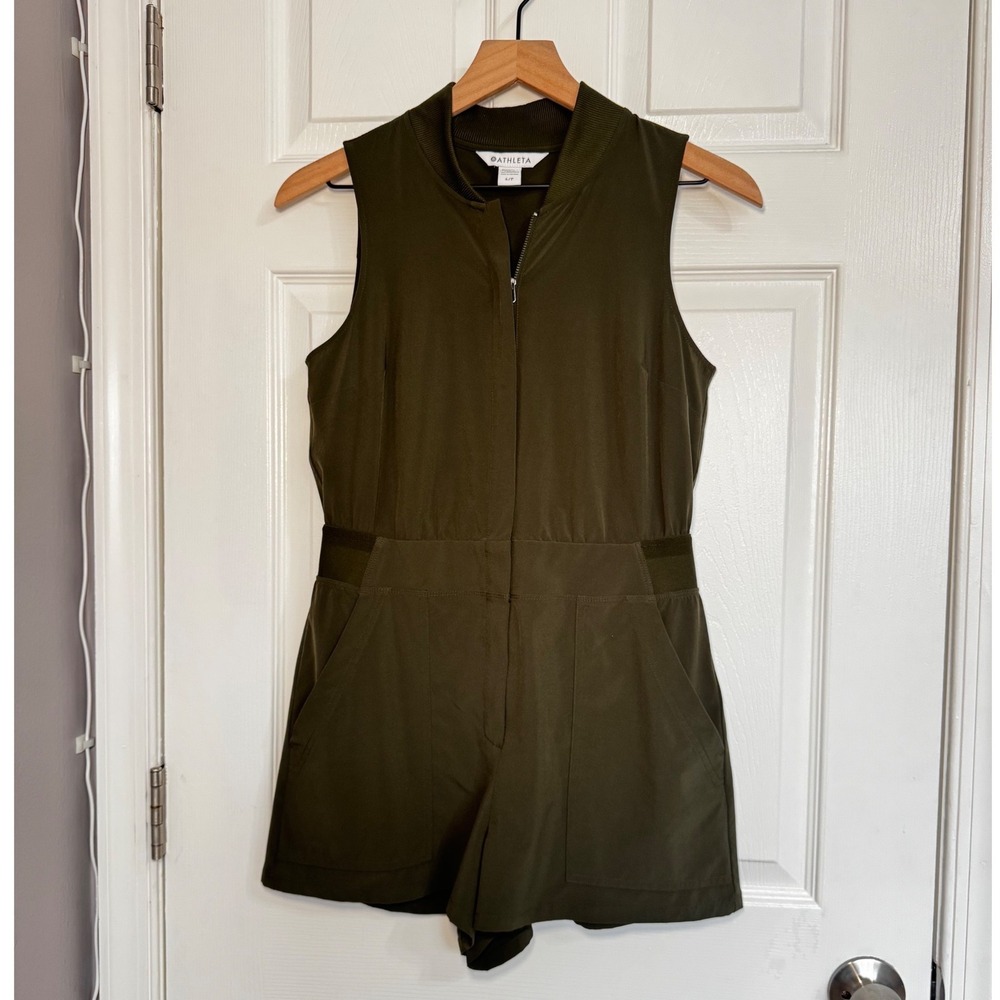 Athleta‎ Brooklyn Olive Green Sleeveless Zip Romper 6 Activewear Pockets Women